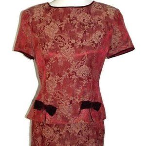 CAROL LITTLE PETITES *Size 8 P Red Gold velvet trim 2-piece Dress USA VINTAGE